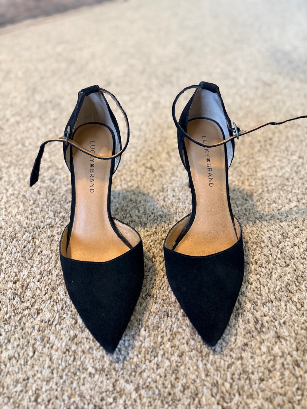 Lucky Brand Black Pointed-Toe Ankle-Strap Heels